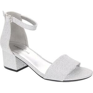 New London Fog Womens 7.5 Silver Glitter 2" Block Heel Open Toe Ankle Strap Shoe